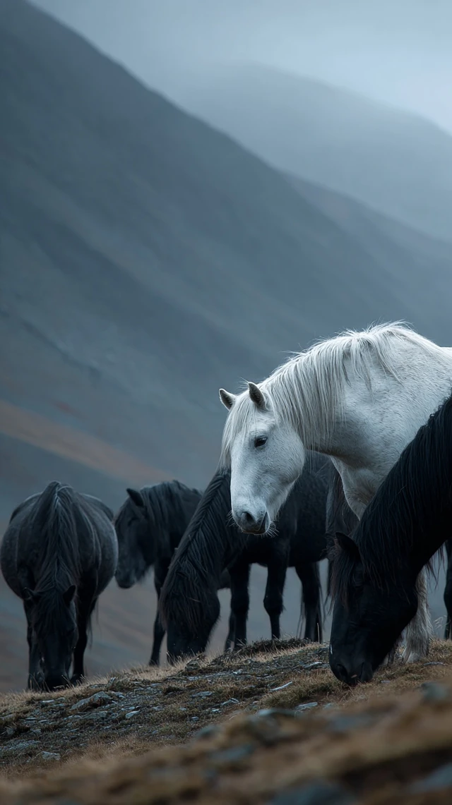 Horses on a Mountain Slope Misty Moody Atmosphere