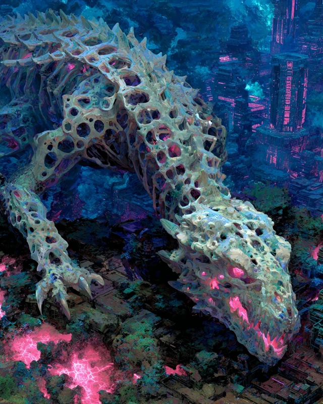 Biomechanical Dragon Over Cyberpunk World