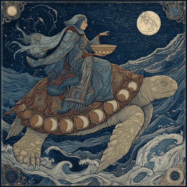 Nomad Goddess Riding Turtle Under Moonlit Sky