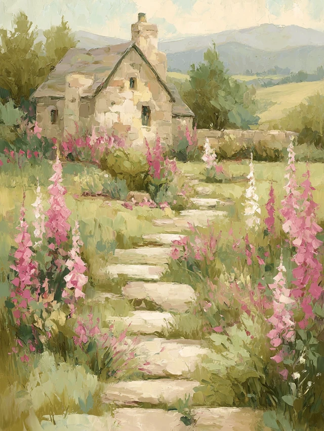 English Garden Painting: Stone Path, Cottage and Foxgloves