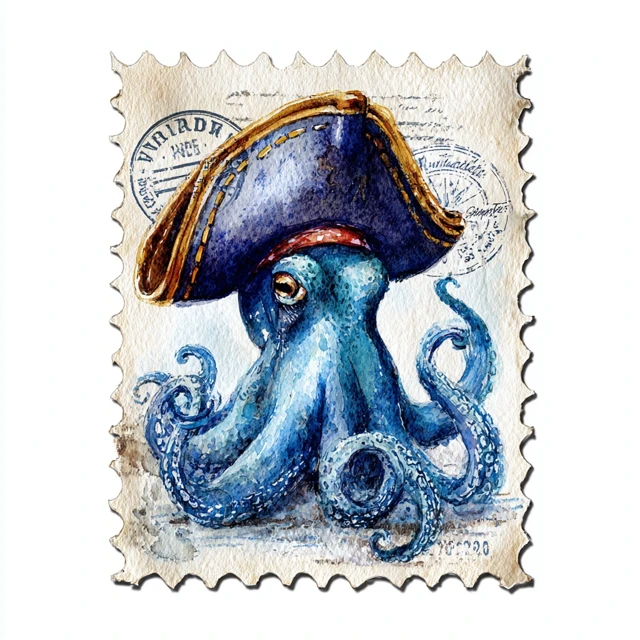 Watercolor Octopus Pirate Stamp Clipart