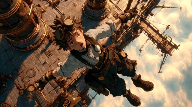 Steampunk Boy Anime on Airship Epic Illustration