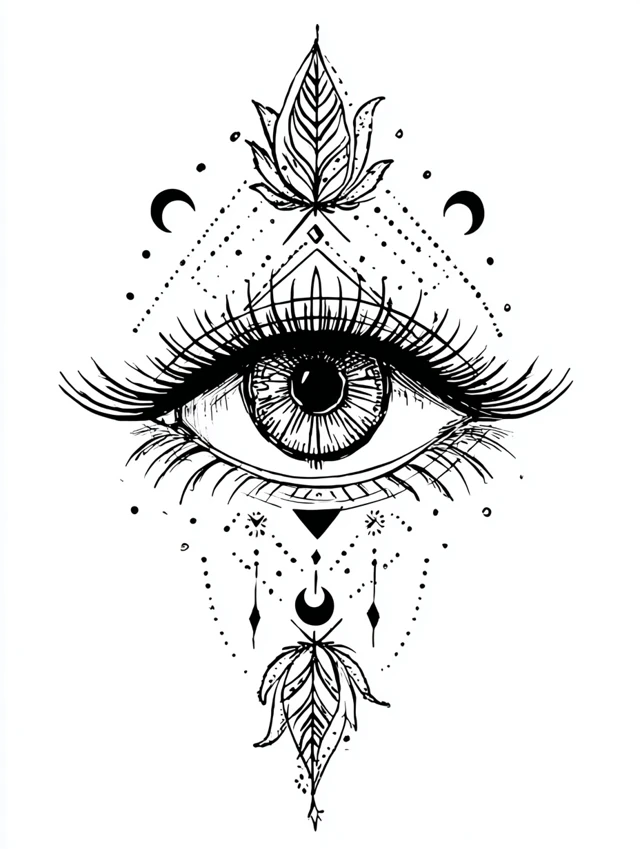 Mystical Eye Totem Black and White Line Art