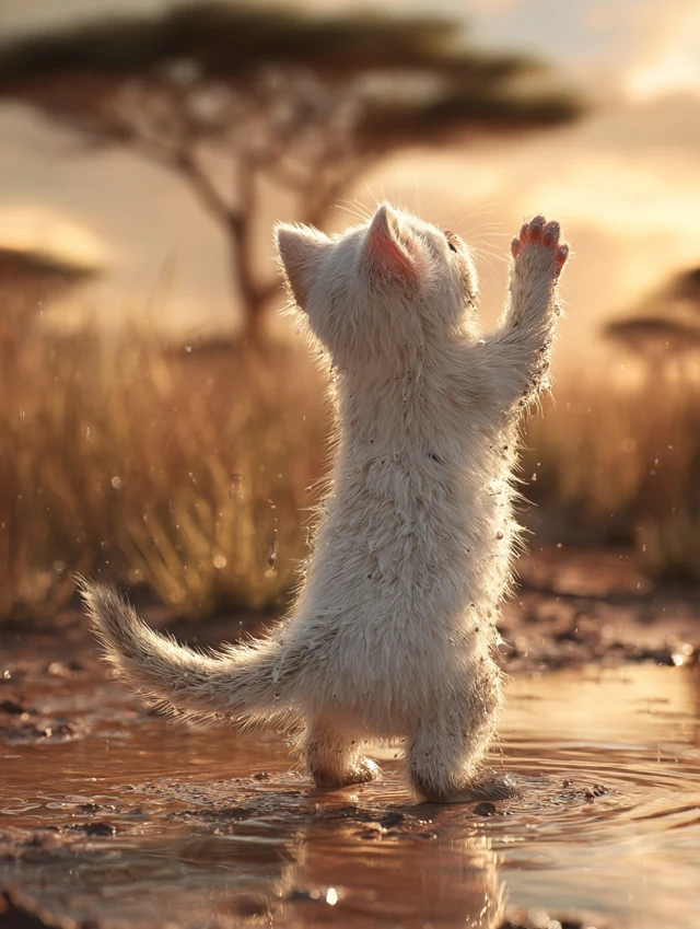 Tiny Kitten Cheers in Muddy Water African Savannah