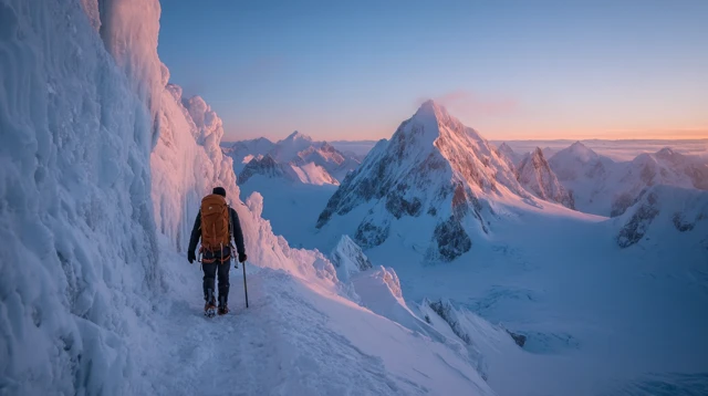 Adventurer Climbing Snowy Mountain at Sunrise