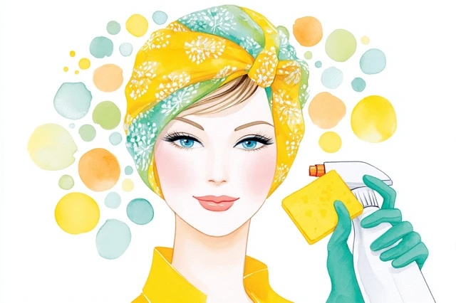Retro Housewife Cleaning Illustration