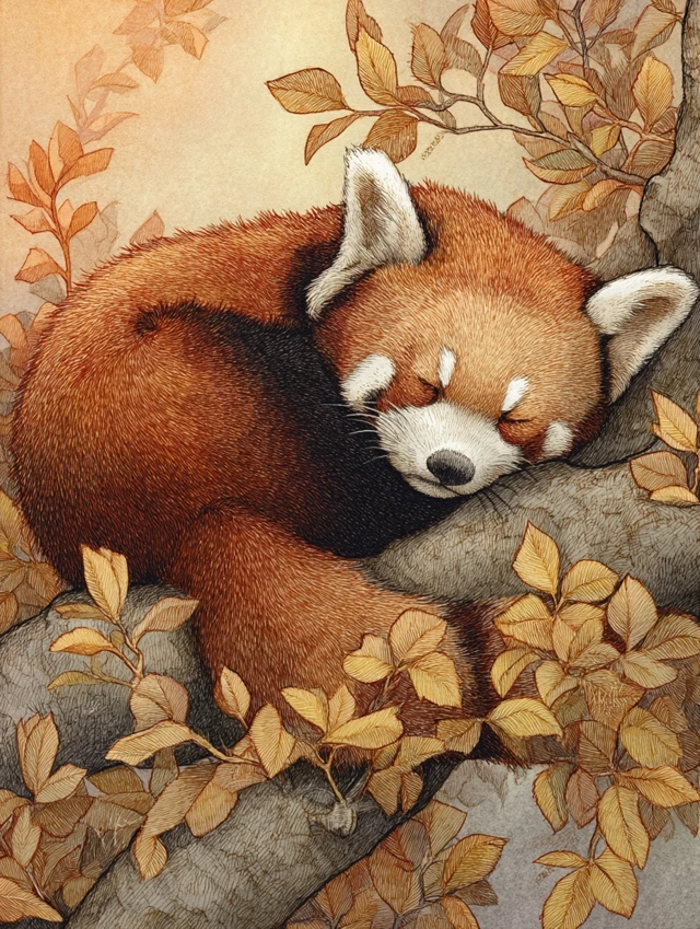 Sleeping Red Panda in Autumn Leaves