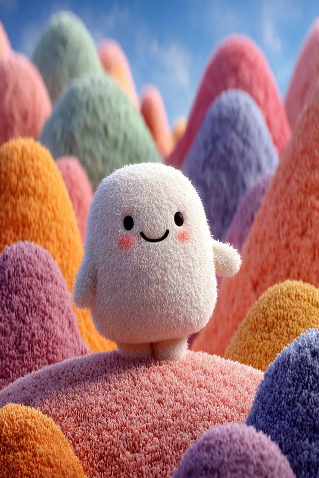 Cute Fluffy Character in Pastel Landscape