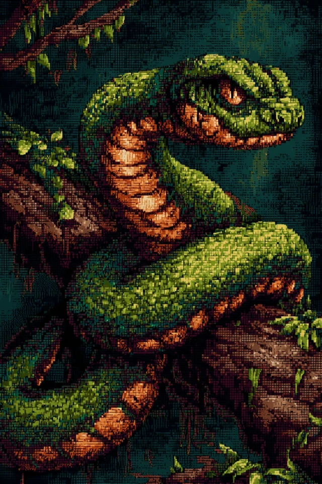 Pixel Art Snake Dynamic Pose Green Colors