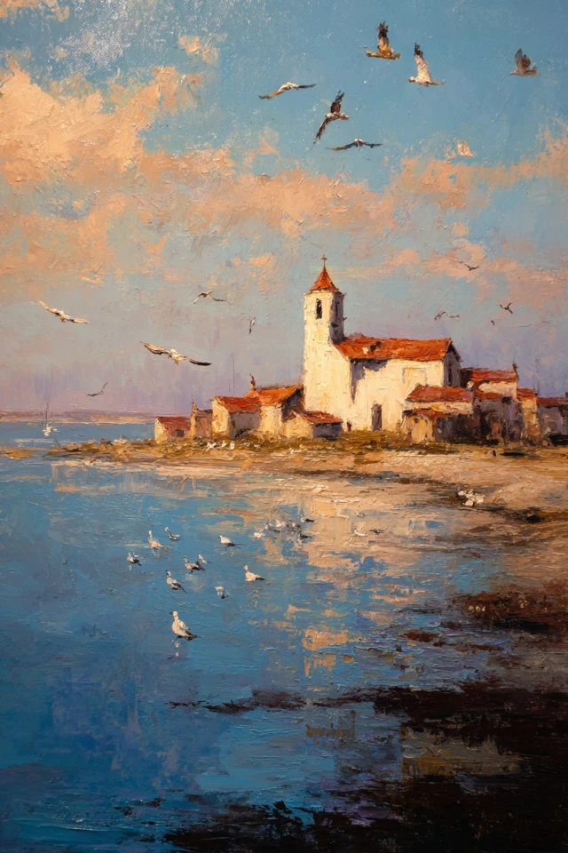 Monet Style Coastal Painting Tranquil Scene
