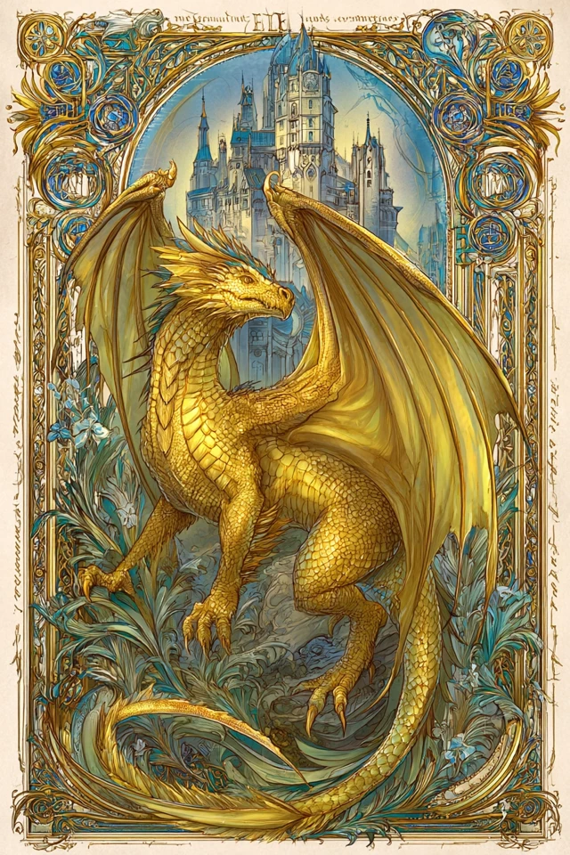 Golden Dragon Medieval Castle Illuminated Manuscript
