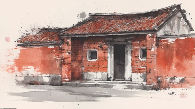Southern Taiwanese Courtyard House Ink Wash Painting