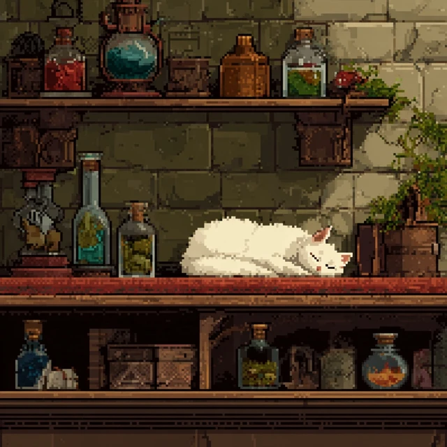 Pixel Art Cat Sleeping Fantasy Shelf Scene