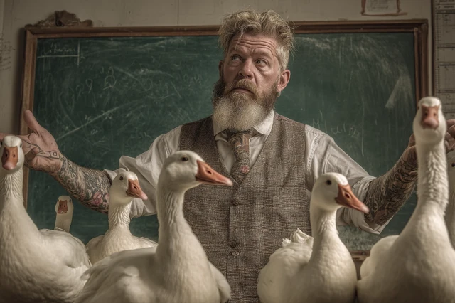 Exasperated Teacher and Misbehaving Geese
