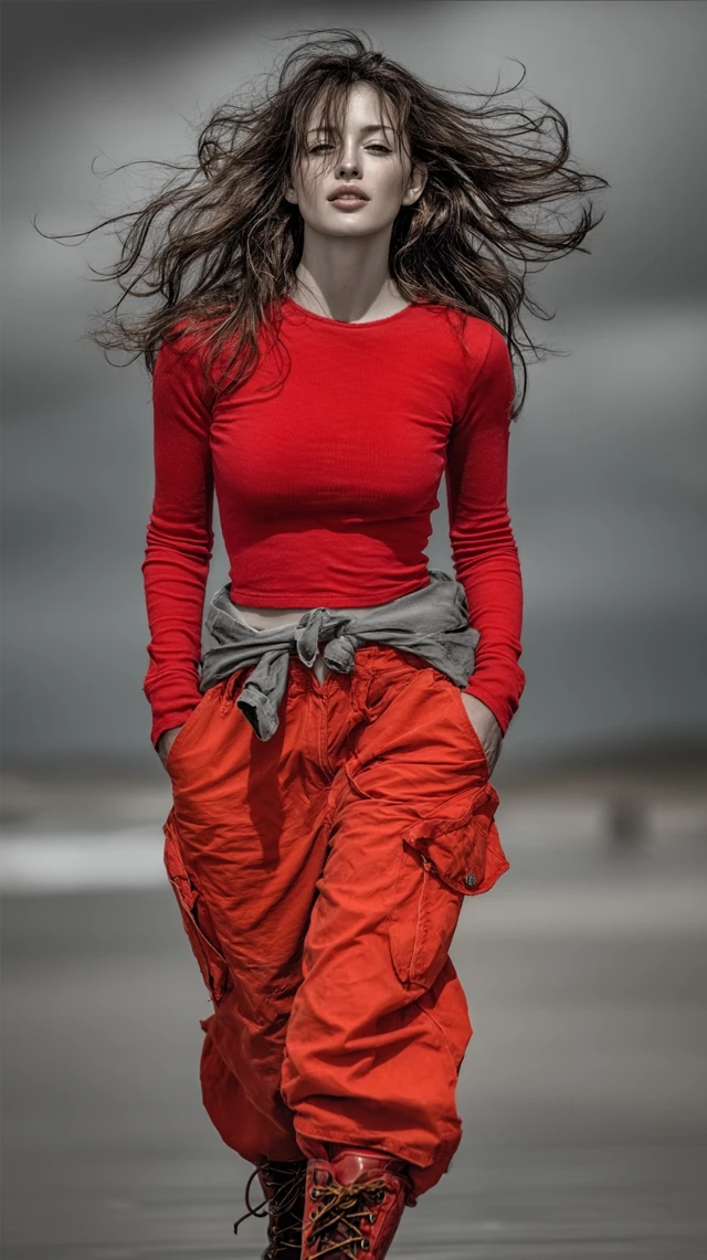 Woman in Red on Stormy Beach