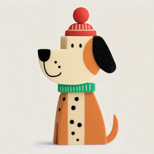 Cute Geometric Dog Sculpture with Hat and Playful Expression