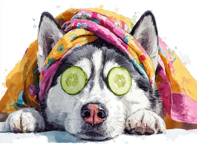 Husky Dog Spa Day Watercolor Art
