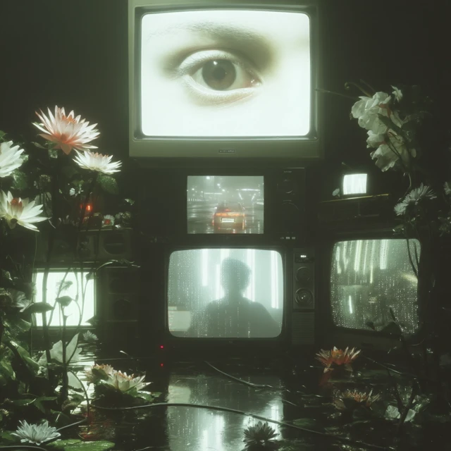 Surreal TV Collage: Dreamlike Scenes and Organic Elements