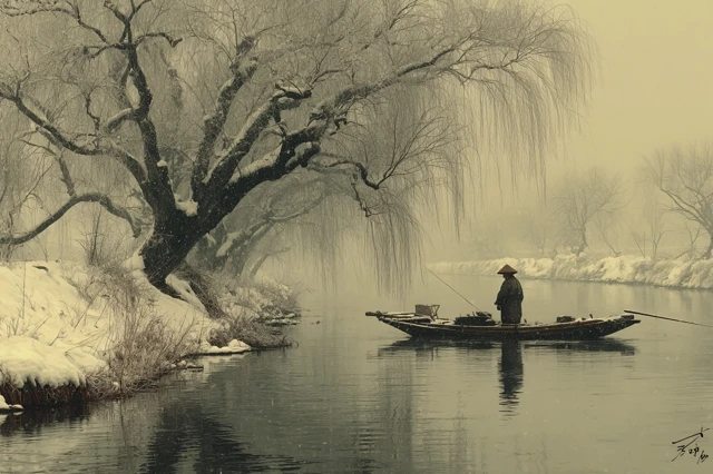 Fisherman in Winter Snowy Landscape Ink Painting