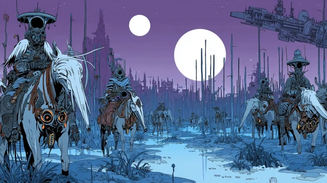 SciFi Alien Tribe Horseback Riding Under Eclipse