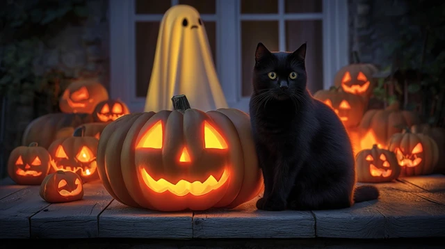 Halloween Night Jack O Lanterns and Black Cat