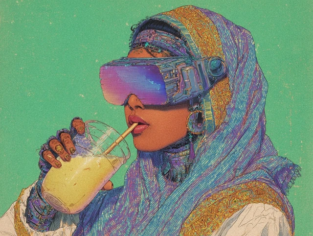 Retro Cyberpunk Mauritanian Woman Drink Ice Latte