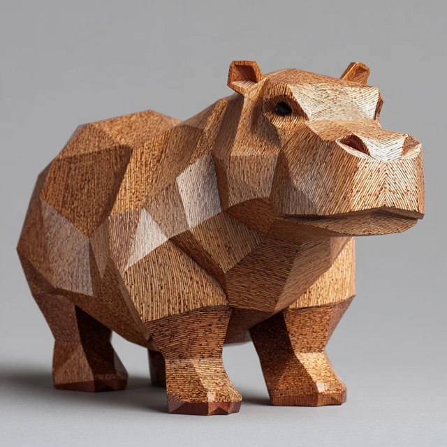 Wooden Geometric Hippopotamus Sculpture