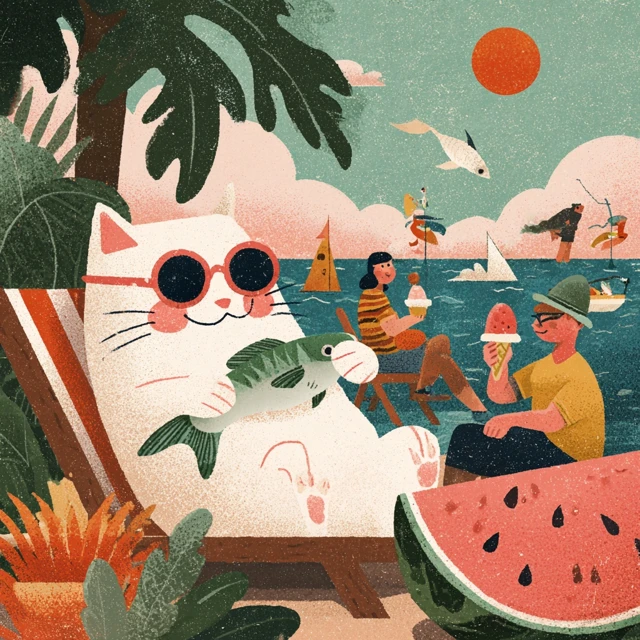 Cool Cat Summer Beach Illustration