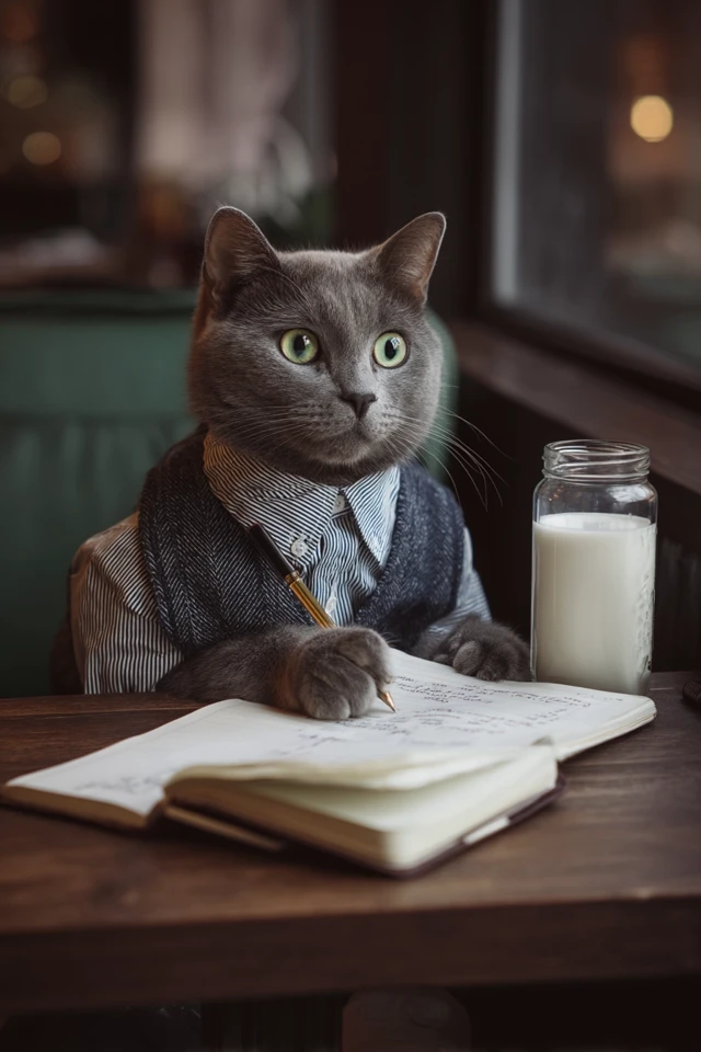 Humanised Cat Taking Notes in Cafe