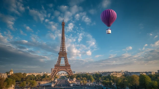 Eiffel Tower with Hot Air Balloon in Paris France