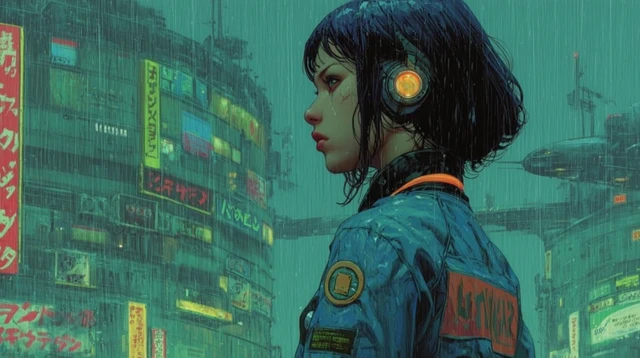 Cyberpunk Cyborg in Rain Drenched City