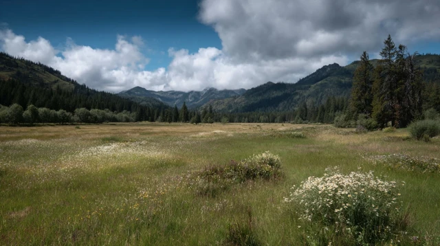 Wild Meadow with Mountains and Sky