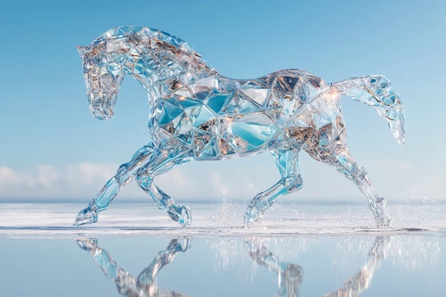 Crystal Horse Running on Water 3D Rendering