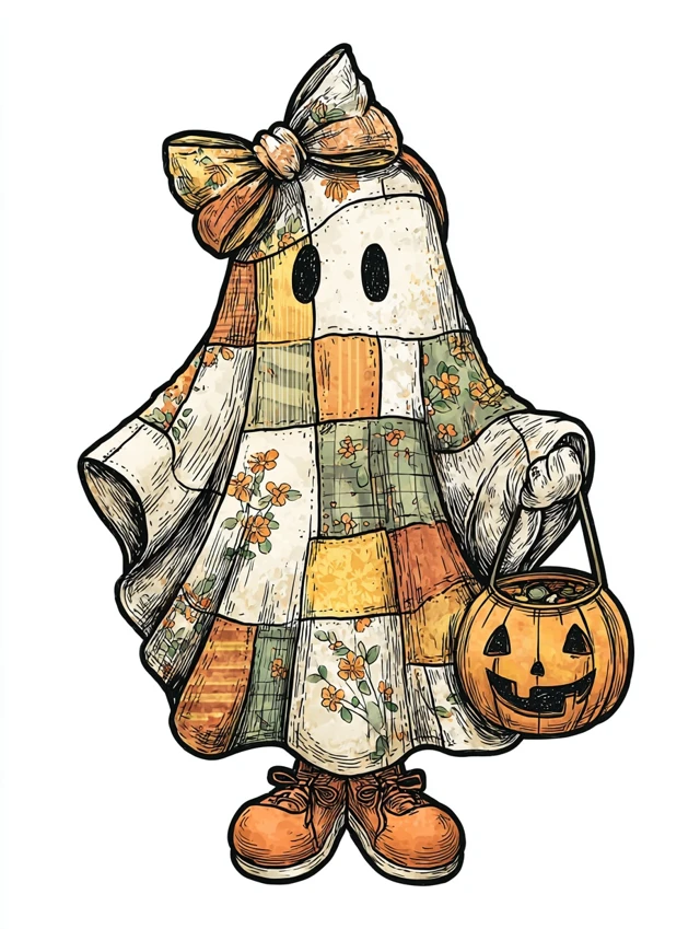 Cute Patchwork Ghost Halloween Illustration