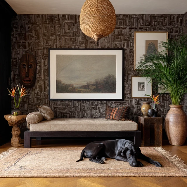 Afrocentric Interior Design with Dog and Artwork