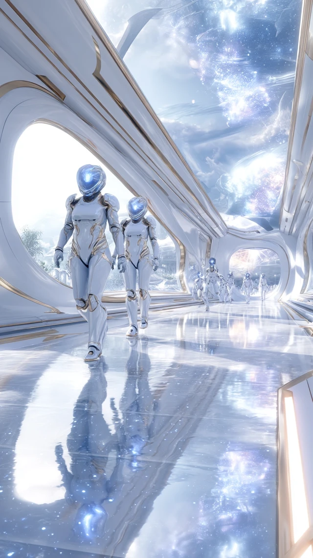 Futuristic Alien Race in Space Station Corridor