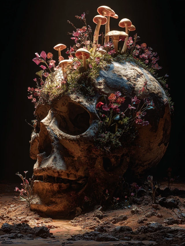 Skull with Flowers and Mushrooms Death and Rebirth
