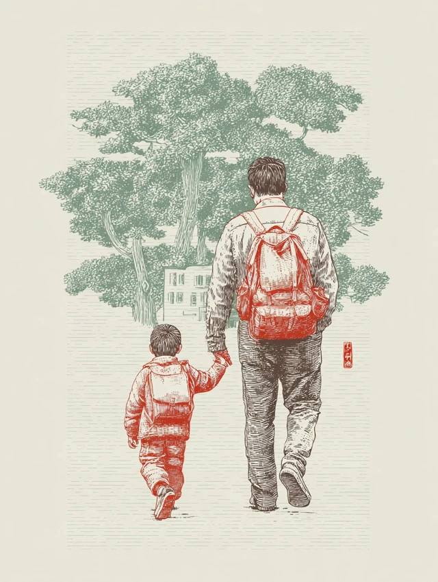 Father and Son Walking Home Illustration