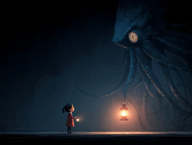 Girl and Giant Squid Horror Art