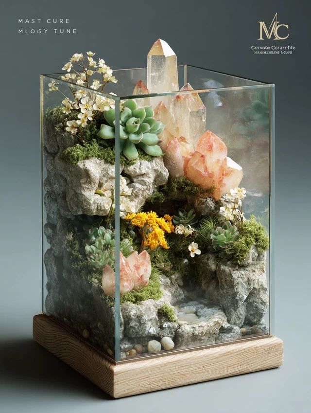 Miniature Terrarium with Crystals and Plants
