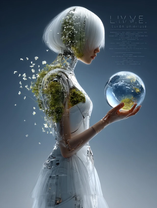Cyborg Girl Holding Earth Universe Illustration
