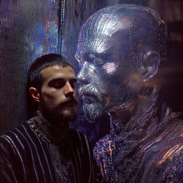 Man and Sparkling Sculpture Reflection
