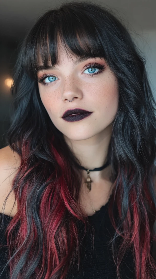 Woman with Black Hair and Red Highlights Makeup