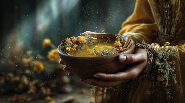 Mystical Hands Holding Glowing Bowl Golden Elixir