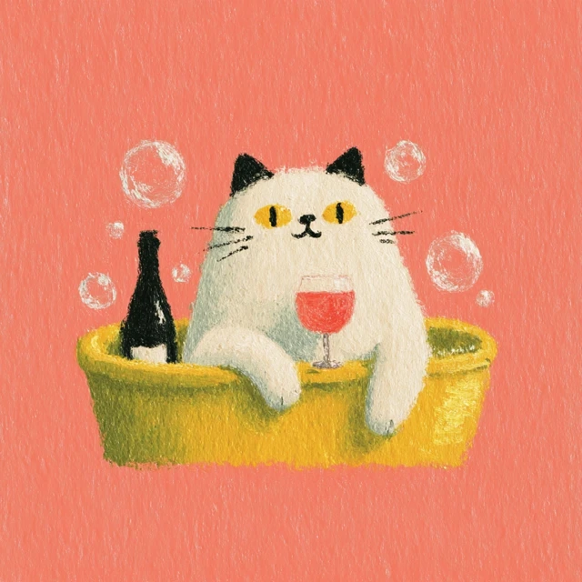 Fat Cat Drinking Wine in a Bathtub Surreal Illustration