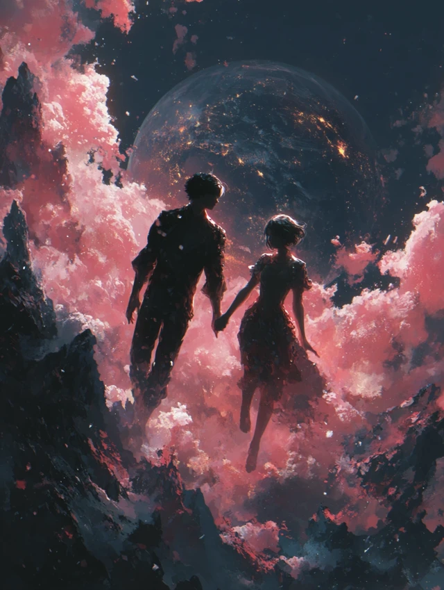 Couple in Space Holding Hands Minimalist Art