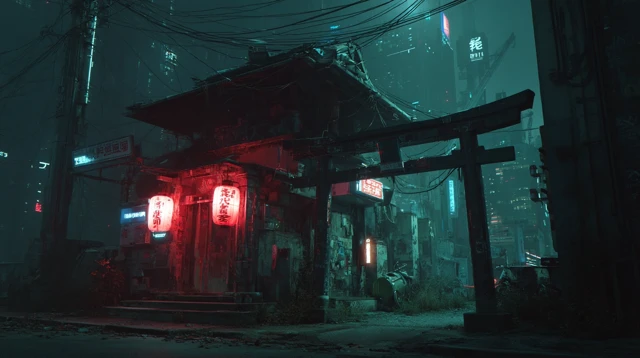 Cyberpunk Shrine Night Scene