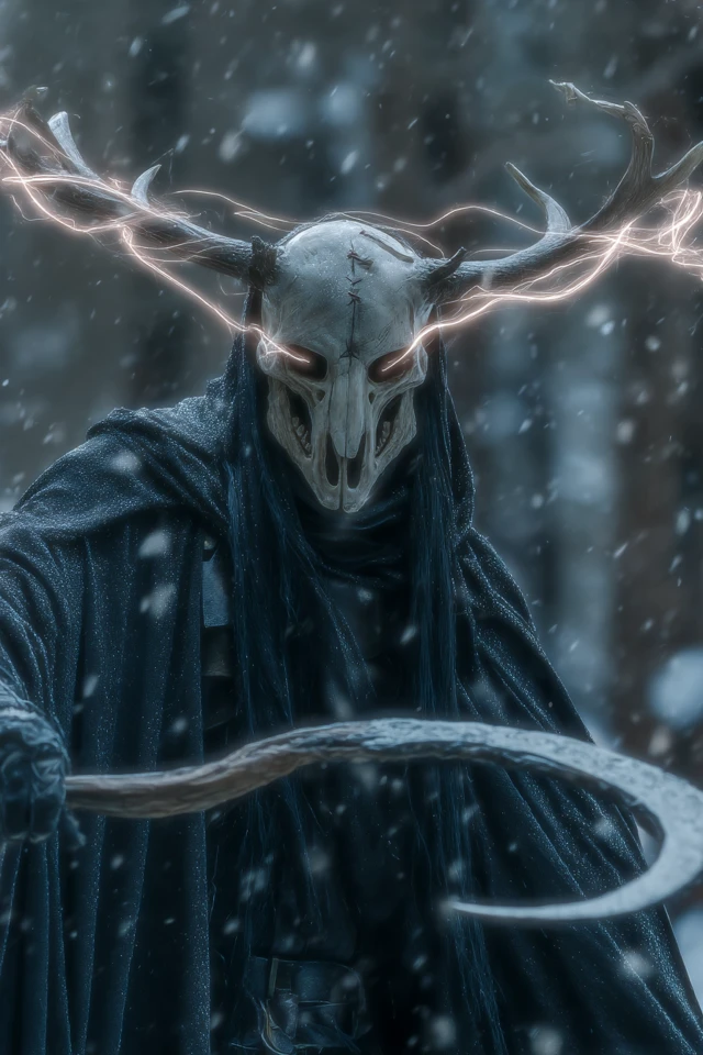 Masked Warrior in Snowy Forest Fantasy Art