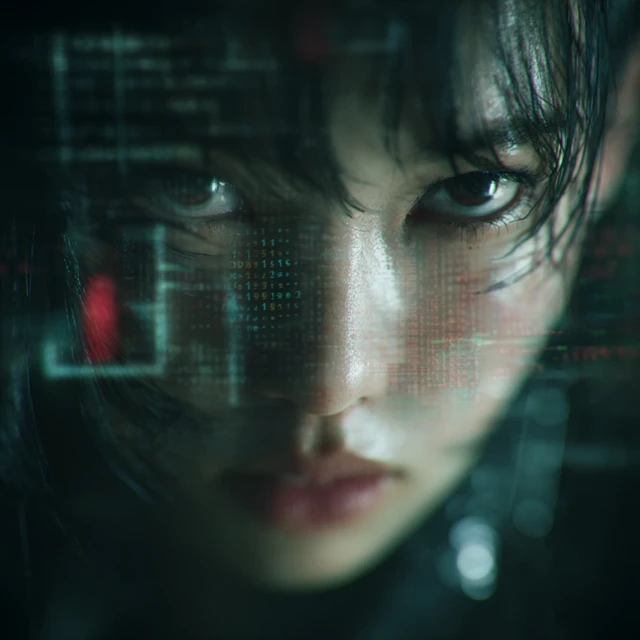 Cyberpunk Japanese Girl Matrix Coding CloseUp