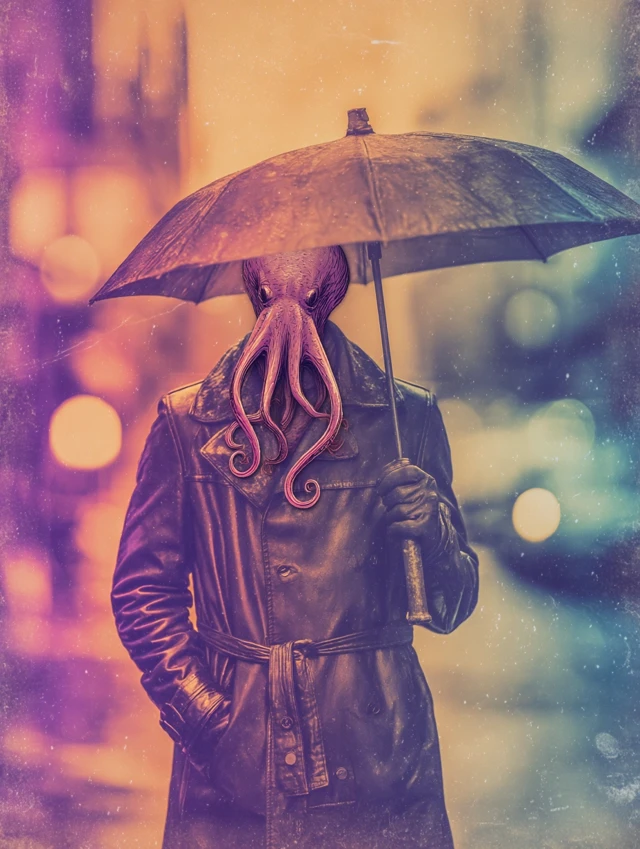 Rainy City Street Fashion With Octopus Head